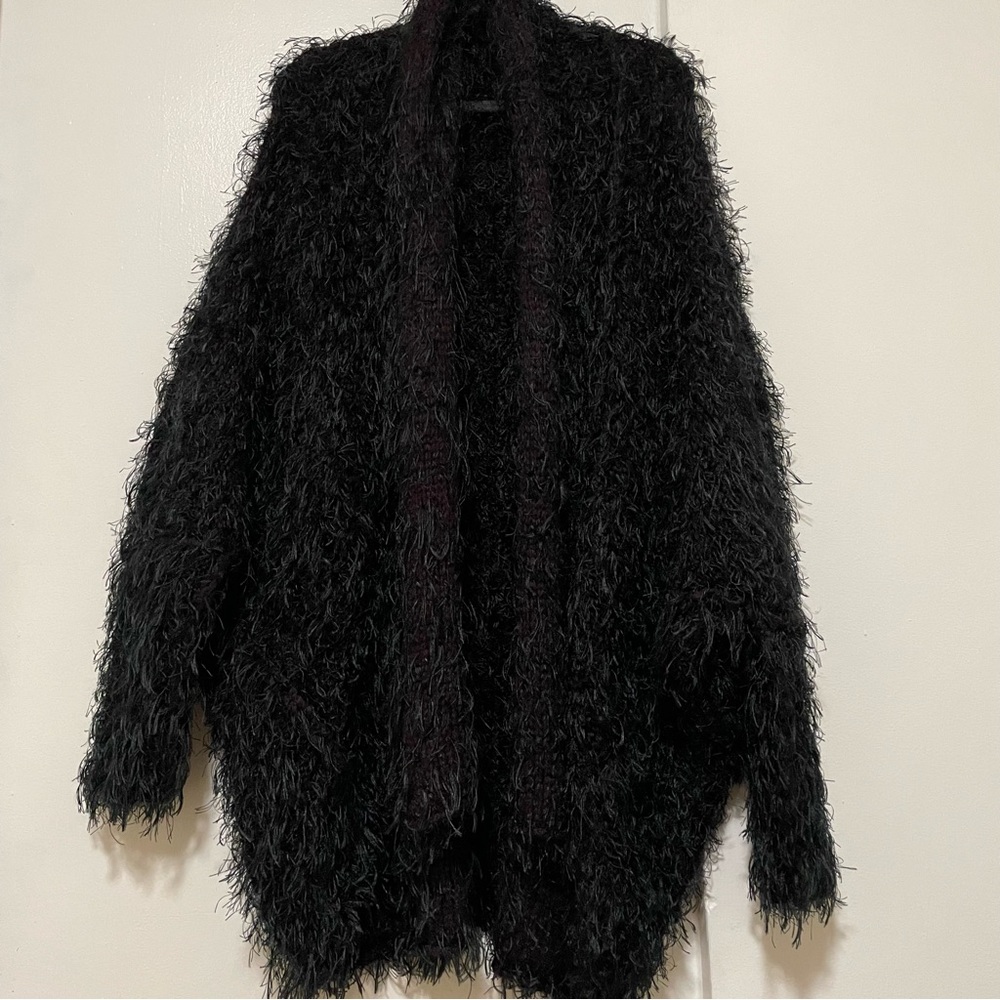 Masnada (Italy) Wool Cardigan Open Front Black/Bordo Size Medium
